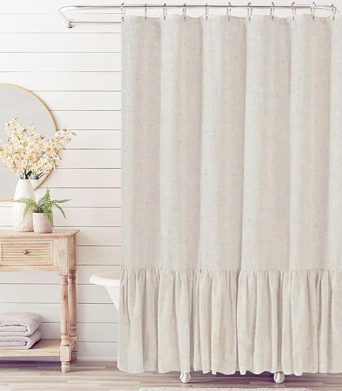 Felisa Farmhouse Shower Curtain with Ruffle Hem, Linen Blend Textured Beige Shower Curtain for Ba... | Amazon (US)