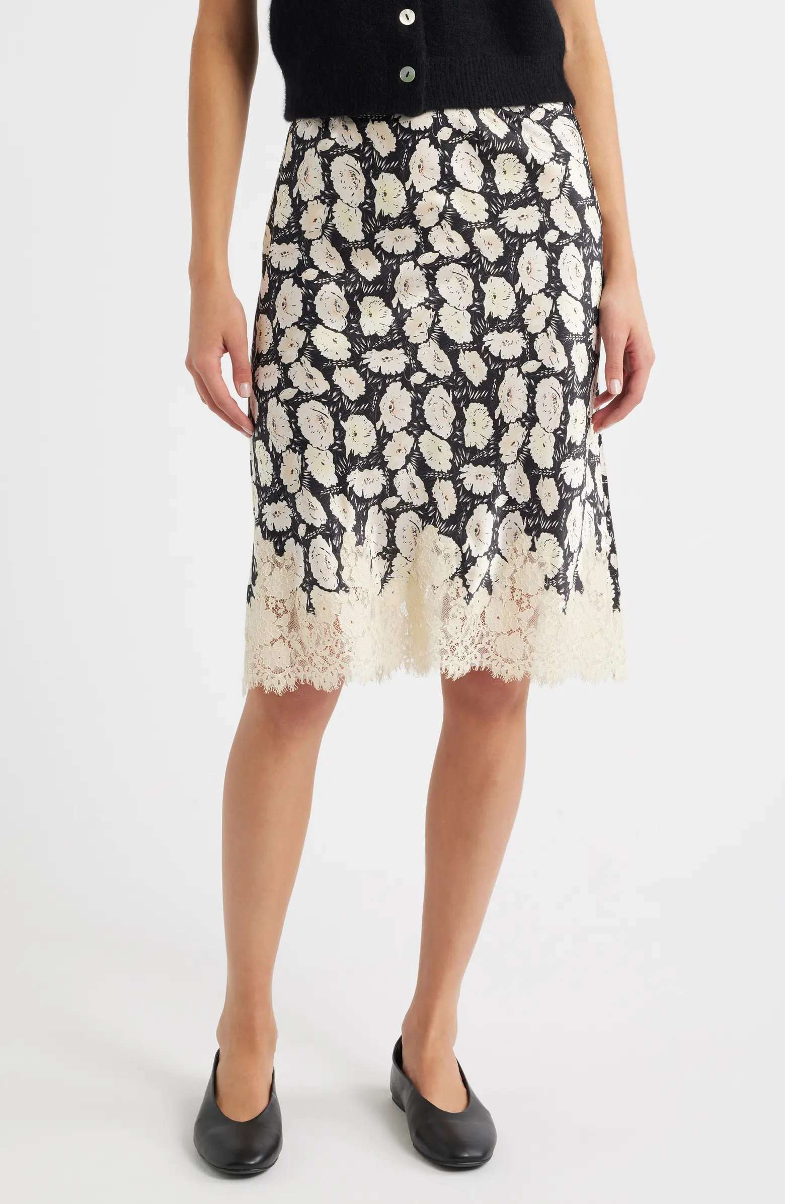 Elowette Floral Lace Hem Silk Skirt | Nordstrom