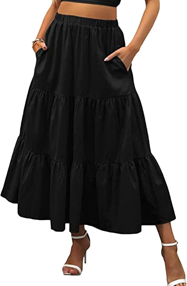 Womens High Waisted Maxi Skirt Boho A-Line Ruffle Flowy Swing Tiered Long Beach Skirt Dress with ... | Amazon (US)