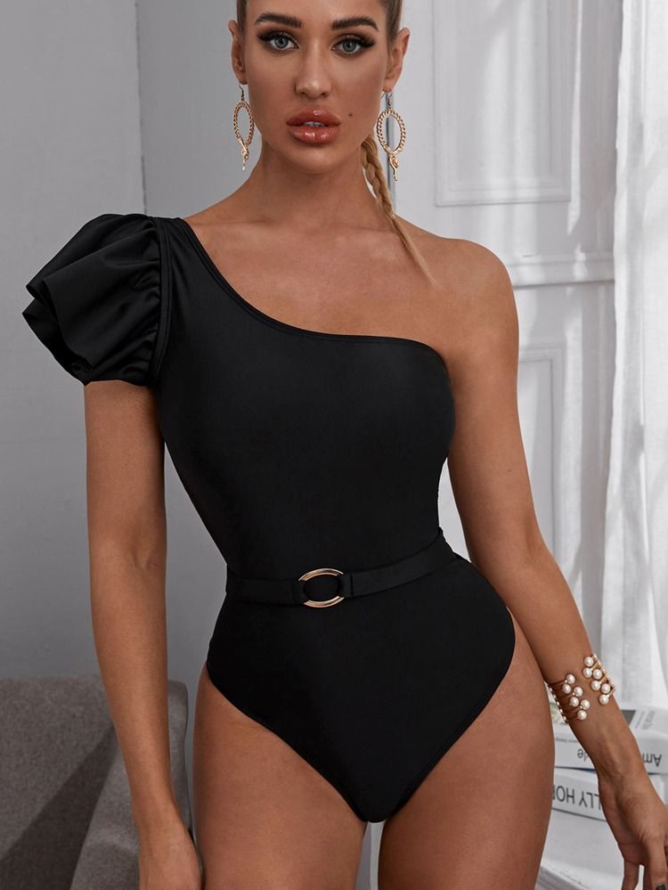 Ruffle Detail Belted One Piece Swimsuit | SHEIN