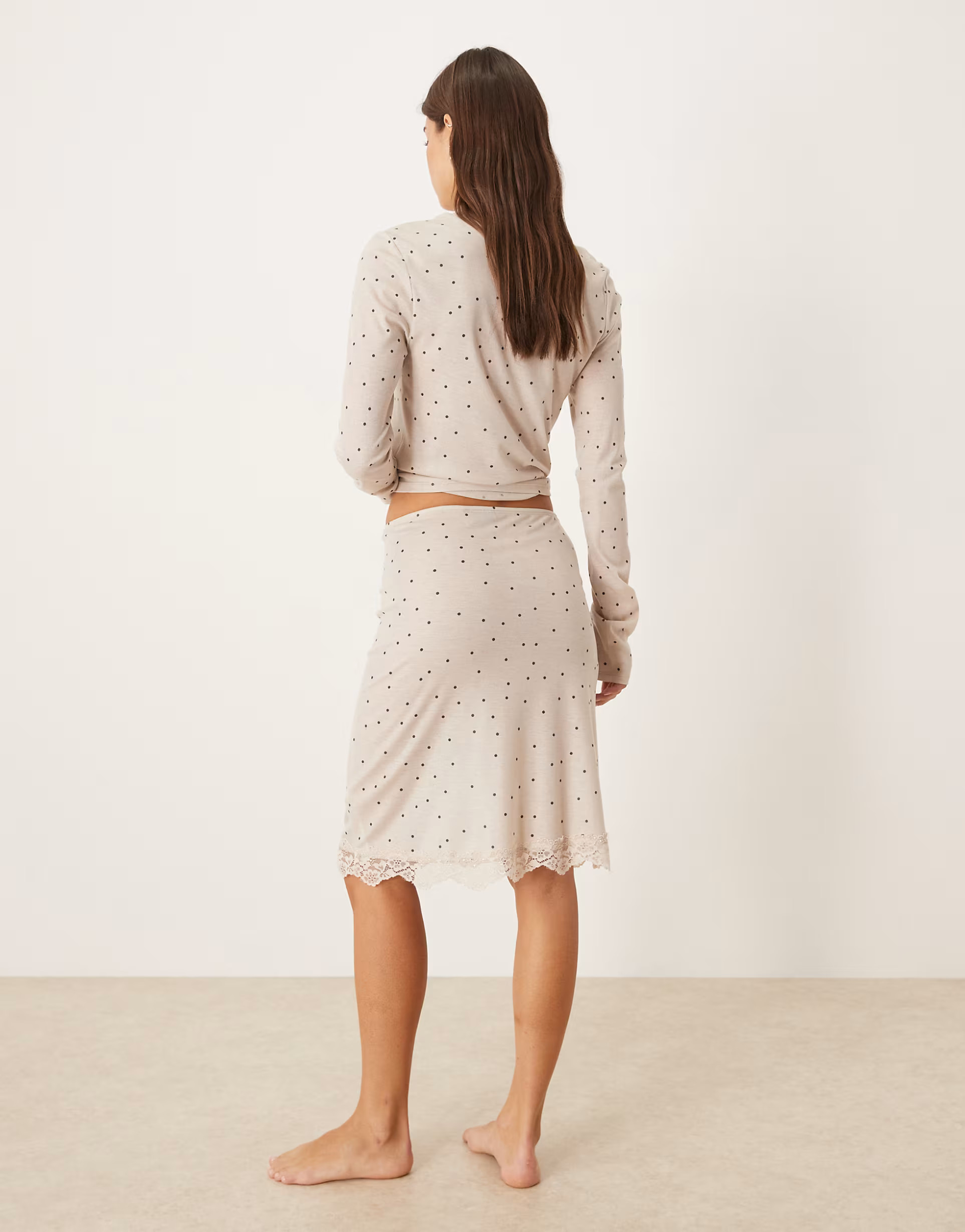 ASOS DESIGN Honey slinky polka dot midi skirt with lace trim in cream | ASOS (Global)