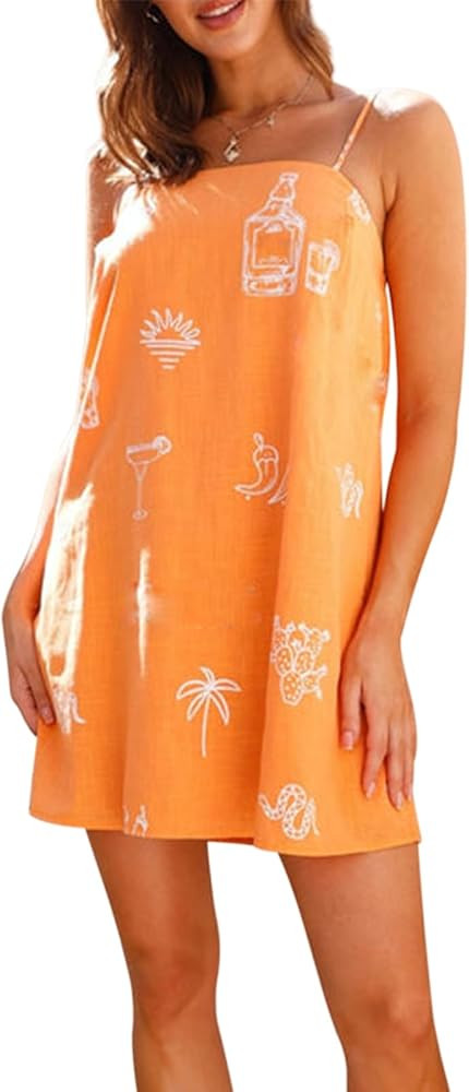NUFIWI Women Boho Graffiti Cami Mini Dress Spaghetti Strap Printed A Line Short Dress Cute Colorf... | Amazon (US)
