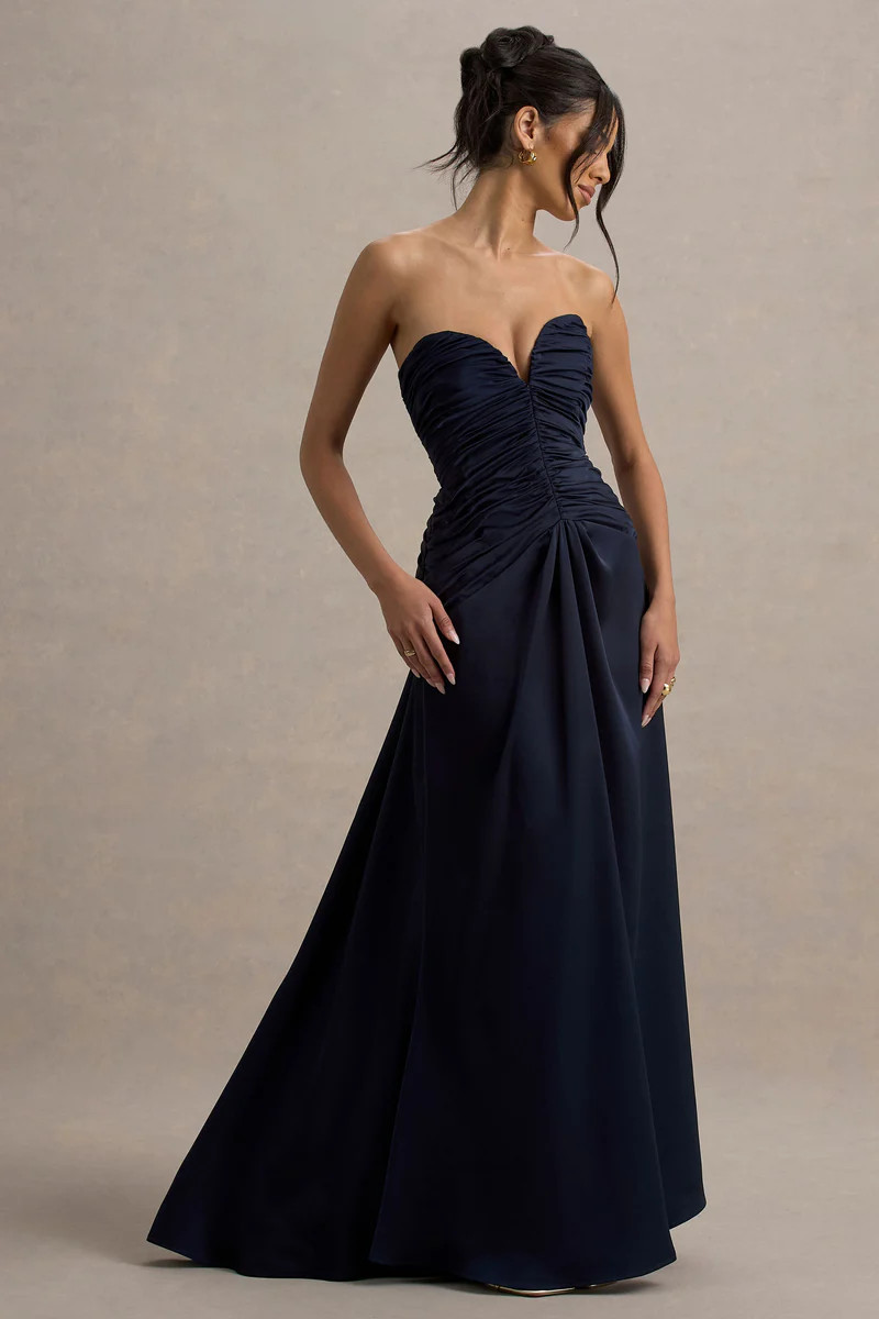 Desirie  Navy Satin Sweetheart Gathered Maxi Dress | Club L London