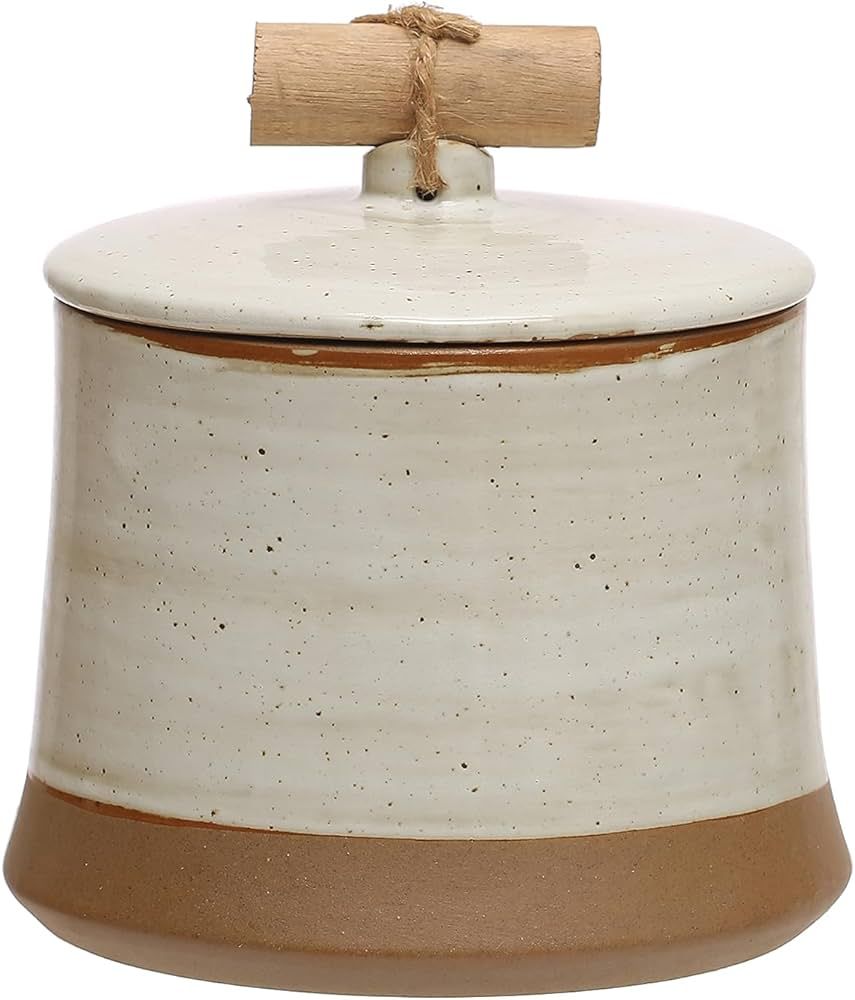 Bloomingville 5 Inches Round Stoneware Lid and Pine Wood and Jute Handle in Reactive Glaze, Beige... | Amazon (US)