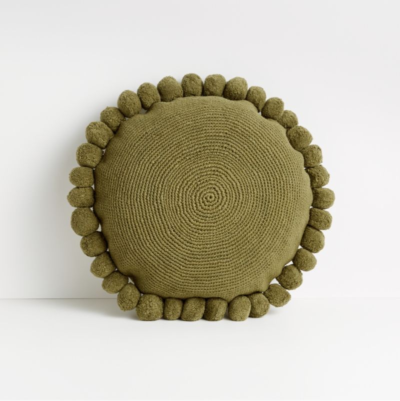 Pico 18" Olive Branch Round Pom Pom Pillow + Reviews | Crate and Barrel | Crate & Barrel