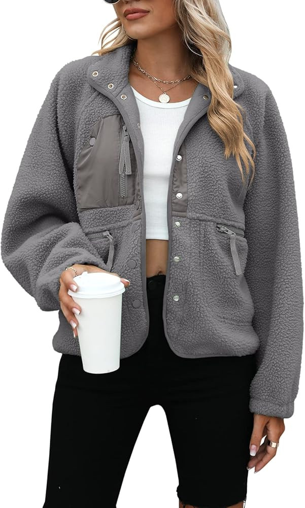 Yanekop Womens Fleece Jacket Fuzzy Long Sleeve Short Coats Button Down Sherpa Outerwear With Pock... | Amazon (US)