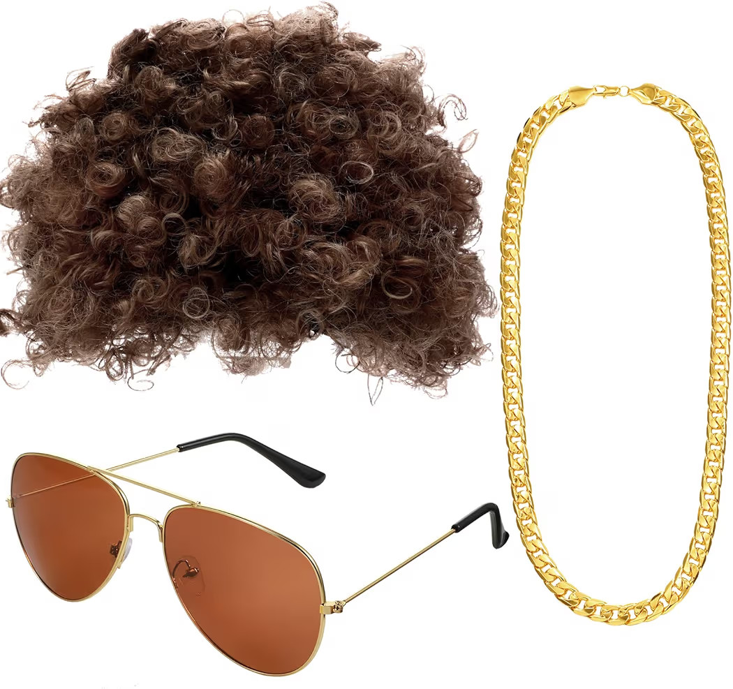Gejoy Hippie Disco Costume Men Set Disco Wig Afro Headgear Gold Celebrity Sunglasses Funky Faux C... | Amazon (US)