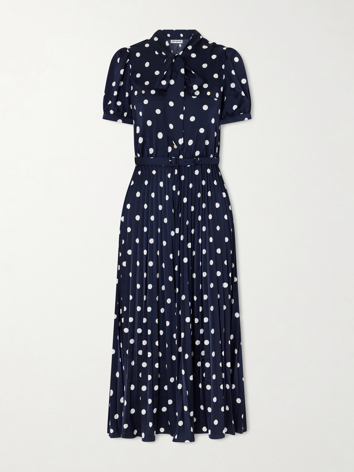 Self-Portrait - Tie-detailed Belted Pleated Polka-dot Satin Midi Dress - Navy | NET-A-PORTER (UK & EU)