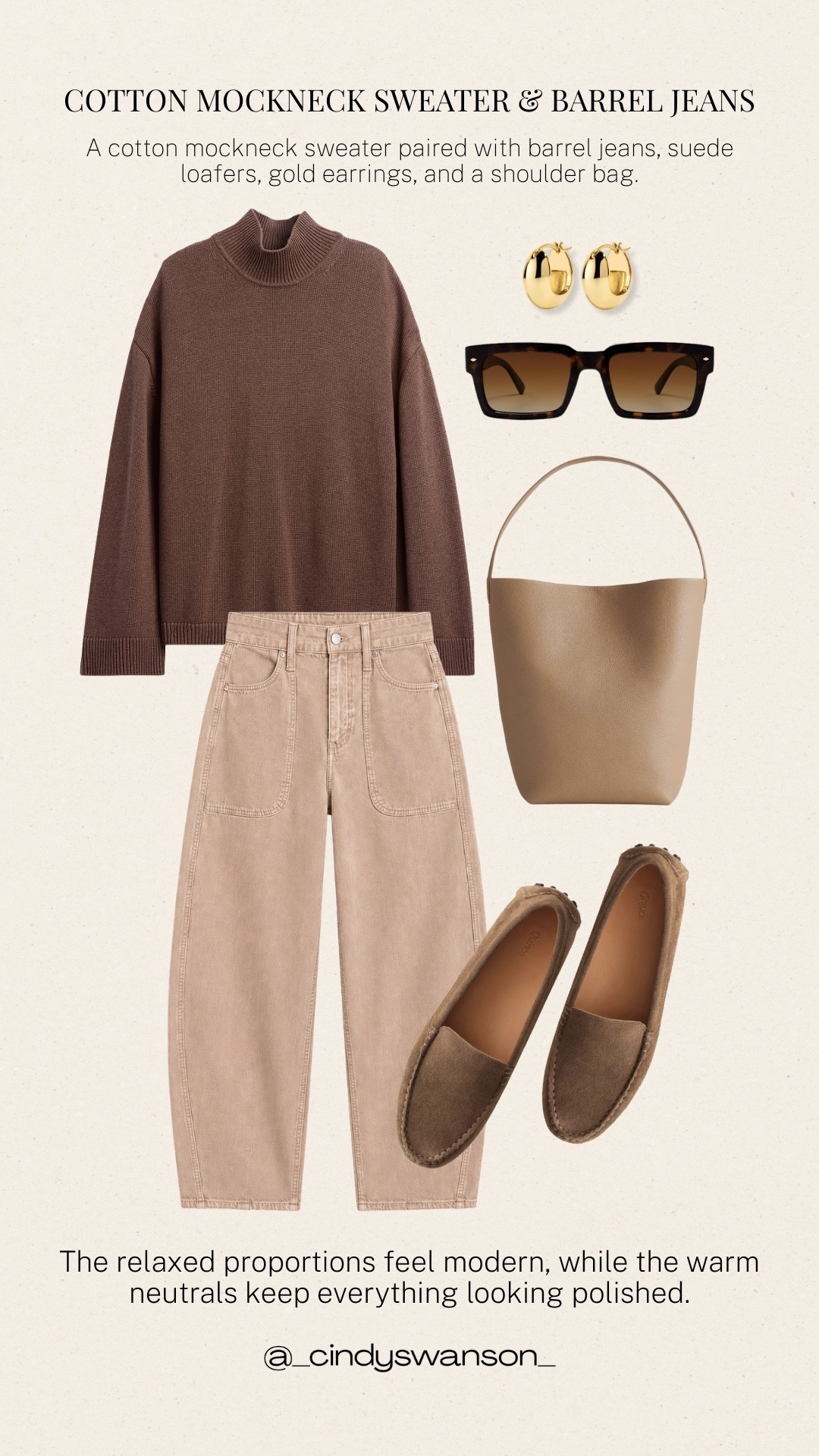 This cotton mockneck sweater and barrel-leg jeans are such an easy combination for polished everyday style. I love the warm brown and soft neutral palette, it feels relaxed and refined, with suede loafers and a simple shoulder bag finishing the look beautifully.

#LTKootd #LTKOver40 #LTKSeasonal