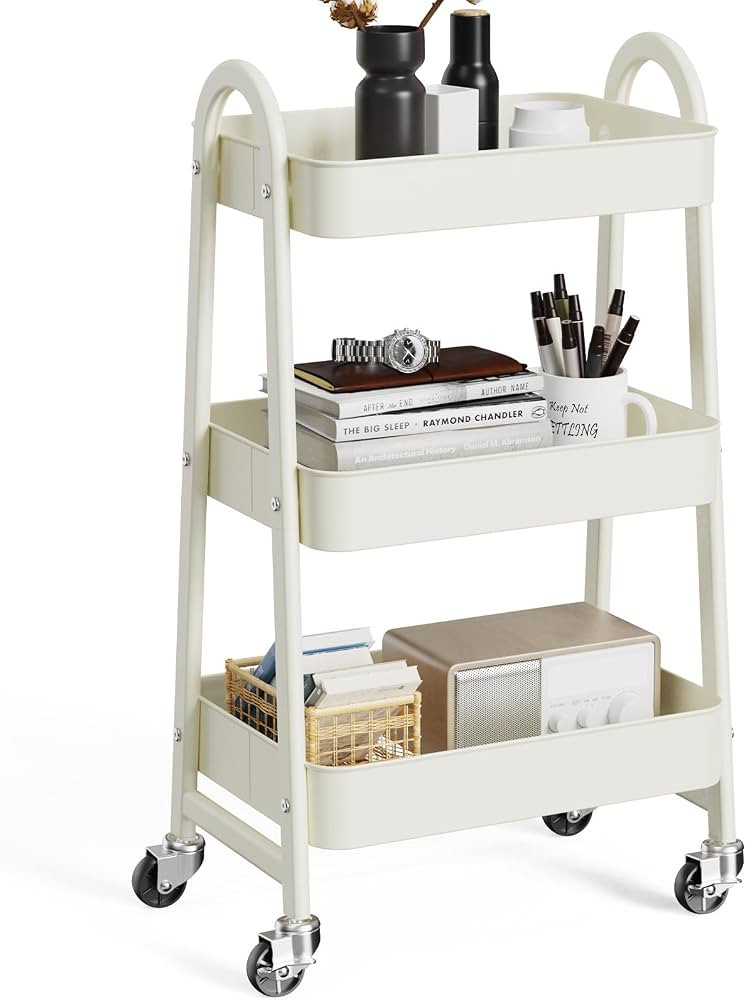 OLIXIS 3 Tier Utility Rolling Cart, Metal Mobile Storage Shelf with Lockable Caster Wheels, Organ... | Amazon (US)