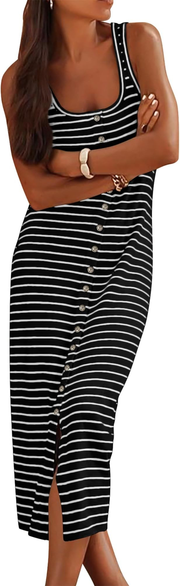 NOLLSOM Women Casual Sleeveless Striped Tank Midi Dresses Spring U Neck Bodycon Dresses T Shirt S... | Amazon (US)