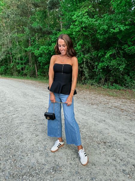 Casual concert style. Strapless top. Cropped wide leg denim. Adidas sneakers.
Sequin necklace code: TWOPEAS20
Top S. Jeans down 1 size, 25 

#LTKfindsunder50 #LTKSeasonal #LTKover40