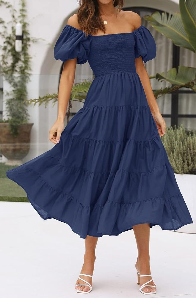 ZESICA Women's 2023 Summer Square Neck Short Puff Sleeve Solid Color High Waist Casual Smocked Fl... | Amazon (US)