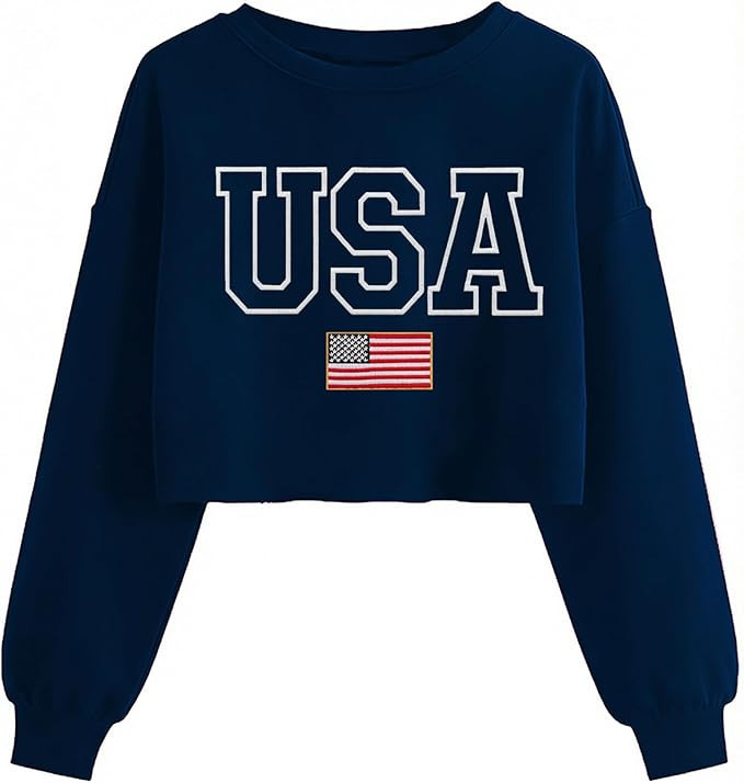 USA Flag Sweatshirts for Women: Embroidered 4th of July Shirts Long Sleeve Patriotic Crop Sweatsh... | Amazon (US)