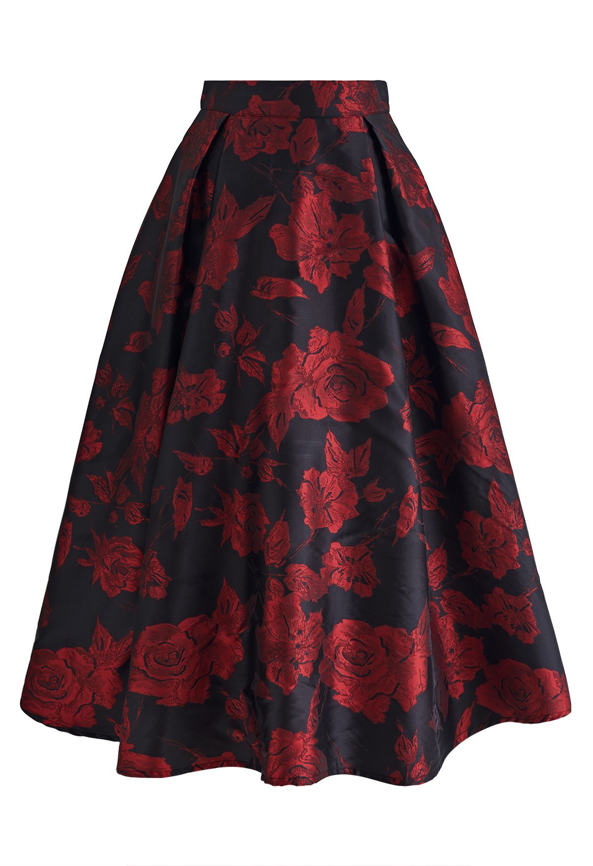 Mysterious Red Rose Jacquard A-Line Skirt | Chicwish