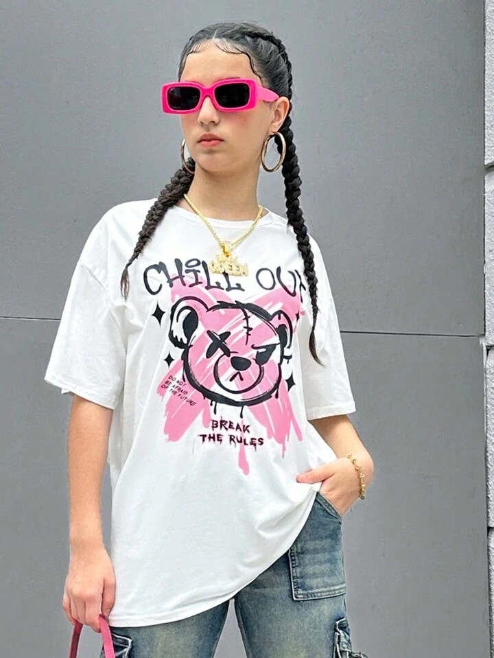 SHEIN Camiseta con estampado de oso de peluche y eslogan para adolescentes, adecuada para uso cas... | SHEIN