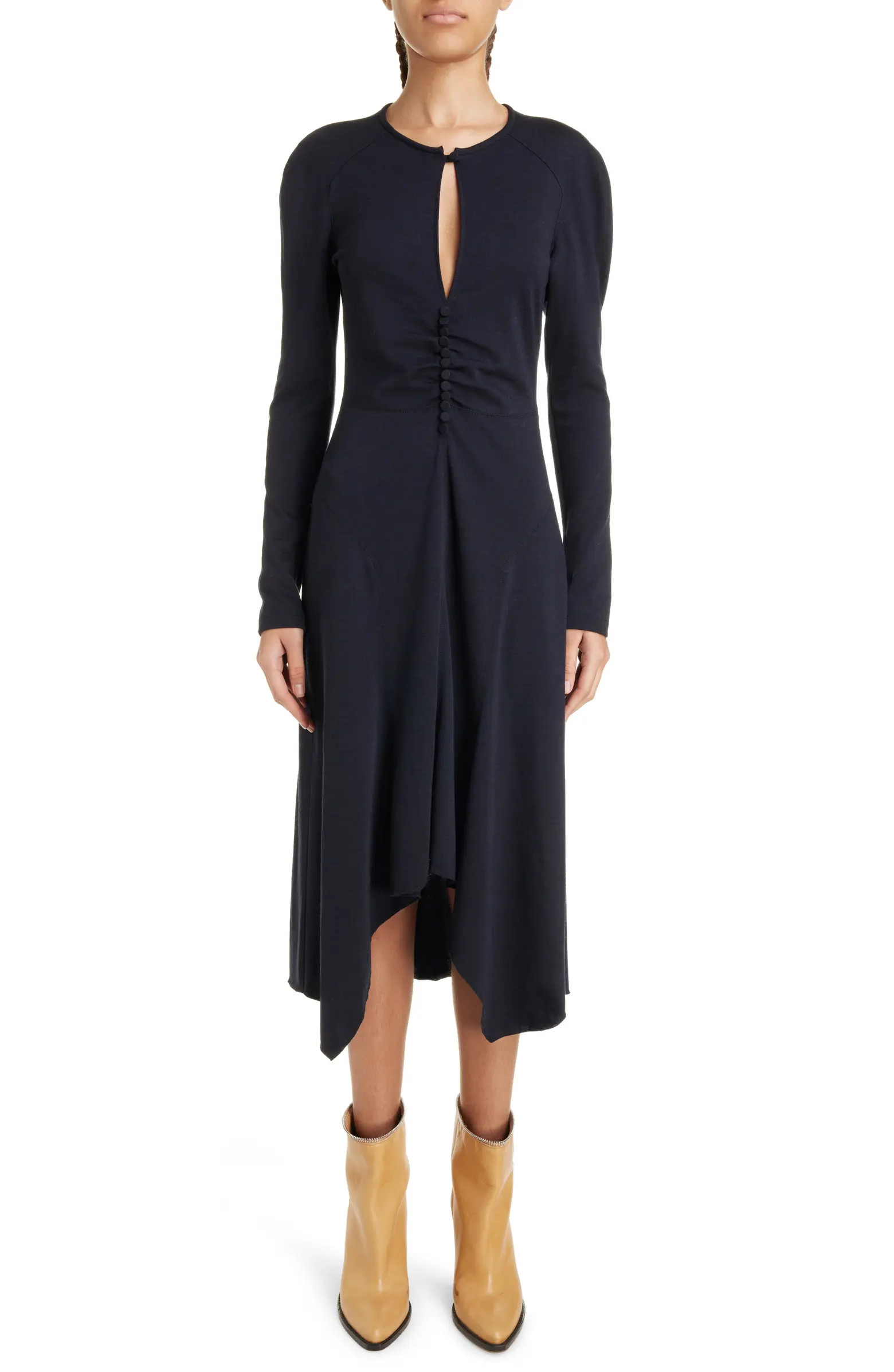 Dorya Center Ruched Long Sleeve Stretch Silk Midi Dress | Nordstrom