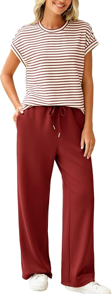 Glamaker Women's 2 Piece Sets Striped Summer Outfits Short Sleeve Shirts Wide Leg Pants Casual Lo... | Amazon (US)