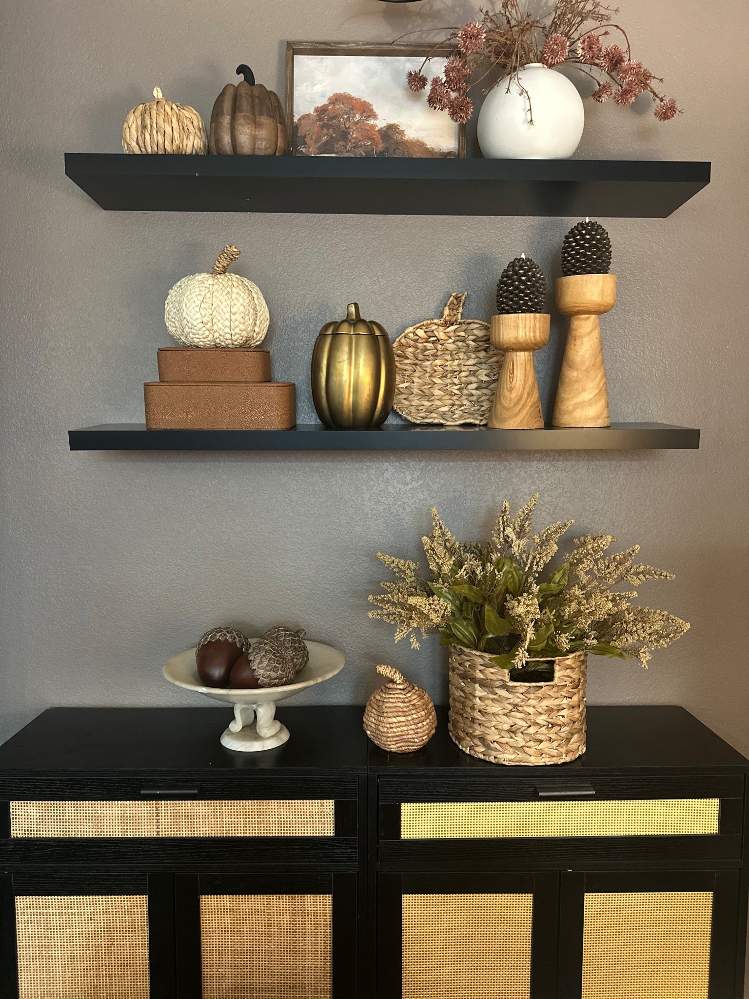 Fall shelf styling with pumpkins, baskets, fall stems, home decor accents 

#LTKSeasonal #LTKStyleTip #LTKHome