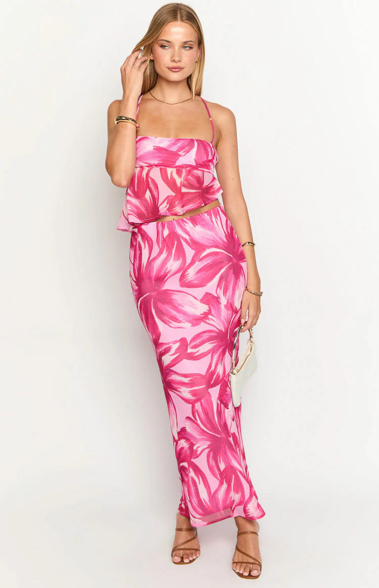 Karla Pink Floral Maxi Skirt | Beginning Boutique (US)