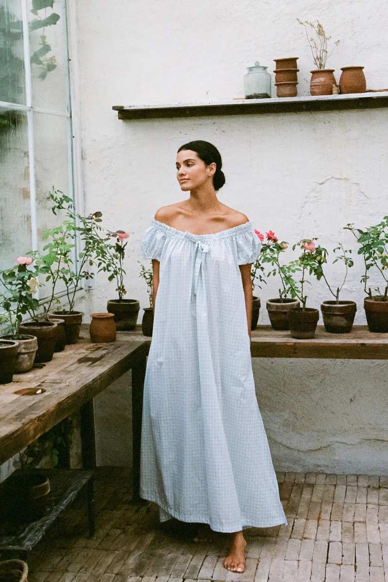 Lily Lounge Dress - Long - Cotton - Gingham Pale Blue | Piyama US