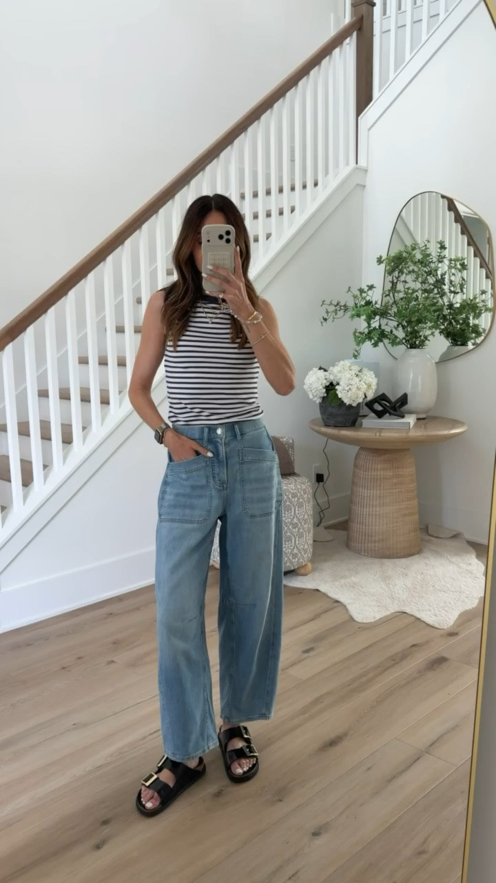 OOTD Madewell tank and barrel jeans from Spanx, discount code ANNAMXSPANX. Tank XS,  jeans XS size down.

#LTKootd #LTKOver40
