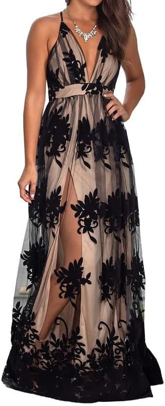 Dokotoo Womens 2024 Formal Dresses Plunging V-Neck Embroidered Floral Lace Mesh Velvet Maxi Dress | Amazon (US)