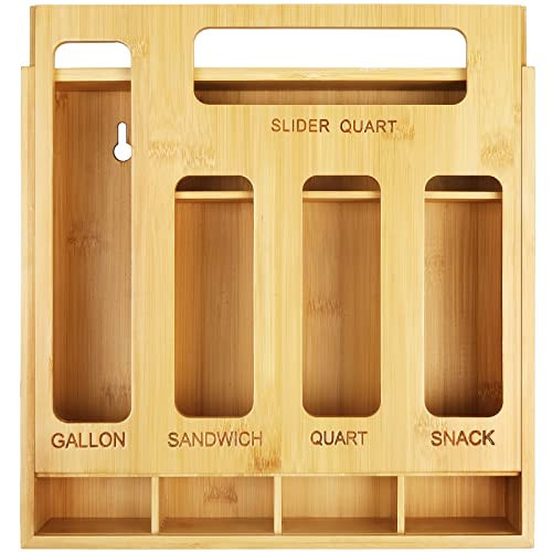 DUJEN Plastic Bag Organizer for Drawer, Bamboo Food Storage Bags Container Organizer with Slider, Baggie Bags Storage for Drawer Compatible with Gallon, Sandwich Variety Size Bags | Amazon (US)