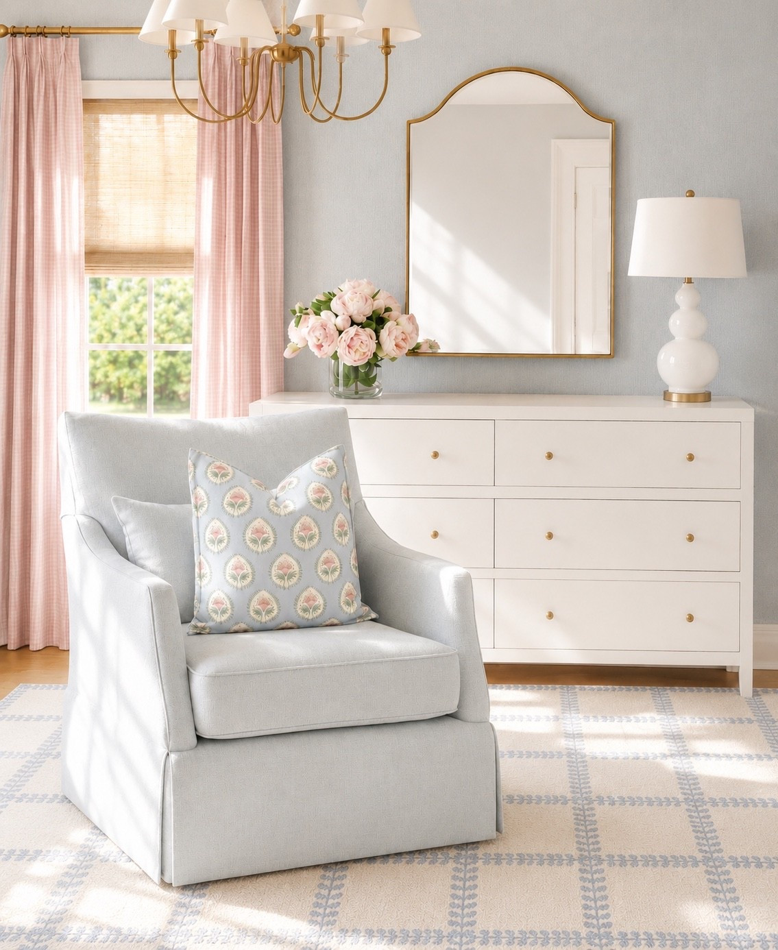 A blush and blue bedroom to grow with 

Bedroom dresser wallpaper rug chair curtains kids girls