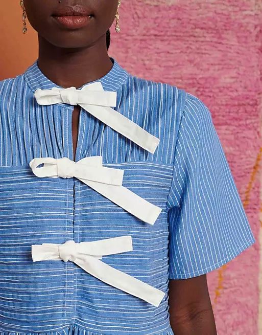 Ghospell bow detail shirt midi dress in blue stripe | ASOS (Global)