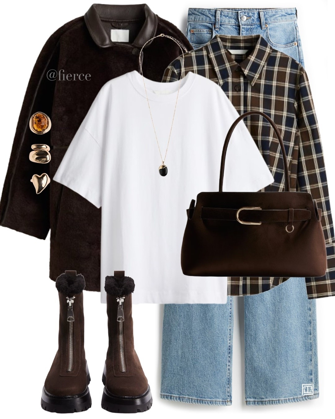 Chocolate brown shearling jacket blue jeans checked shirt brown zipped ankle boots chocolate brown bag white tshirt casual weekend outfit city break 

#LTKuk #LTKwinter #LTKeurope