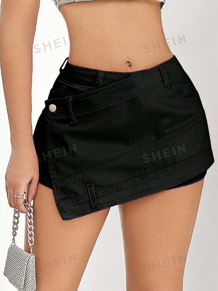 Street High Waist Stretch Asymmetric Hem Wrap Skinny Denim Mini Skort | SHEIN