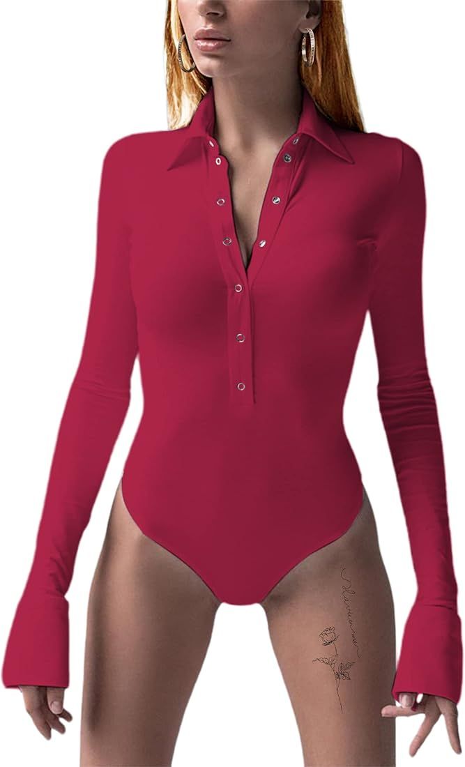 LilyCoco Womens Long Sleeve Bodysuit Tops Sexy Button Up V Neck Collared Body Suits | Amazon (US)