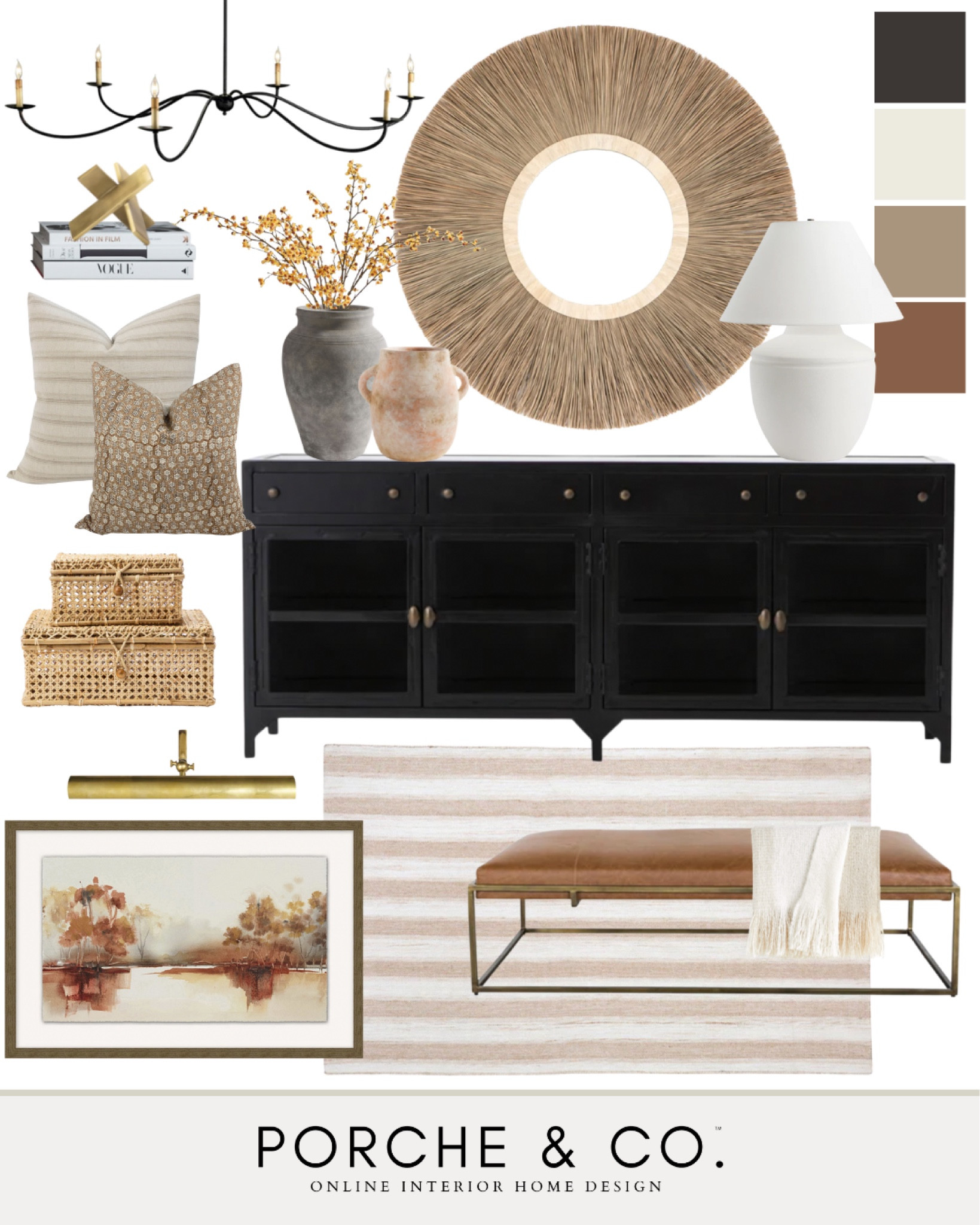 Entryway mood board, entryway design, foyer, entryway decor, console, sea grass mirror, leather bench, fall decor, chandelier #entryway #moodboard 

#LTKstyletip #LTKSeasonal #LTKhome
