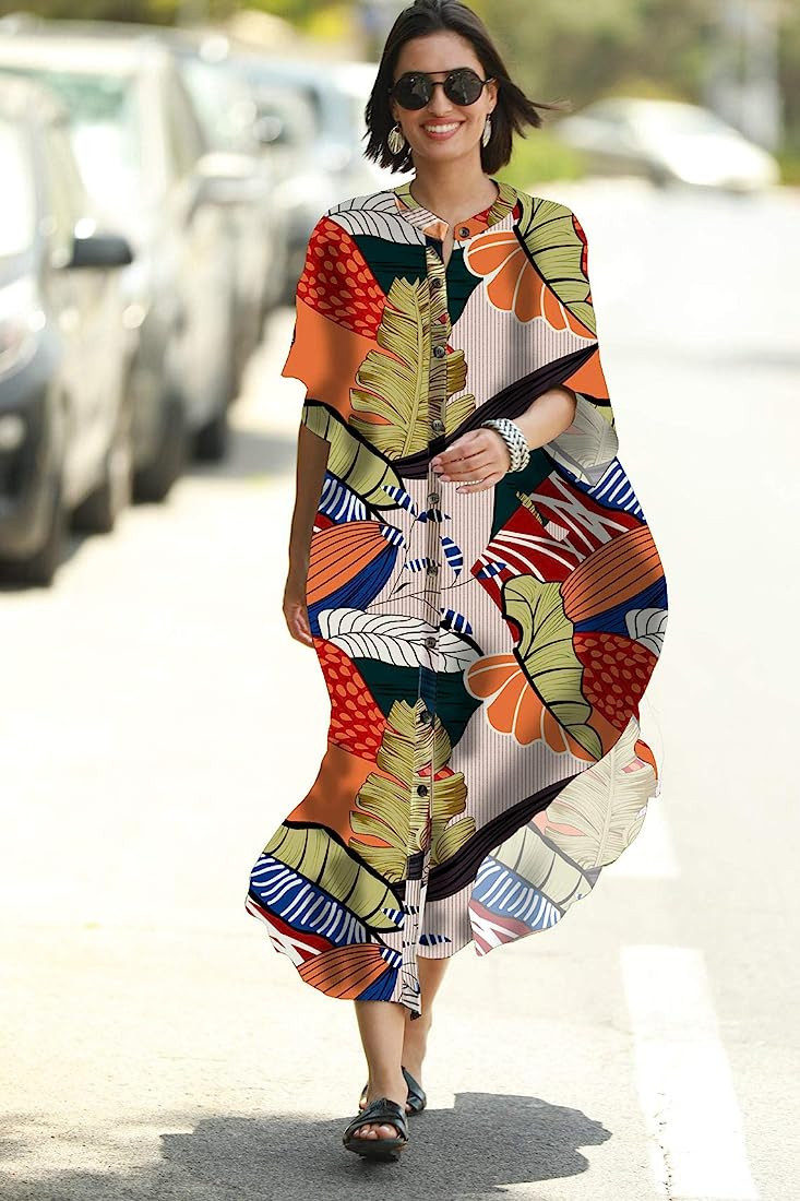 RanRui Swimsuit Cover up Women Stripe Print Caftan Plus Size Caftans Vneck Caftan Dresses Button ... | Amazon (US)