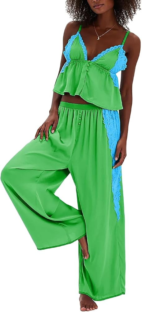 Aonoapll Women Satin Silk Pajama Set Lace Ruffle Cami Top and Pants Lounge Set 2 Piece Silky Pjs ... | Amazon (US)
