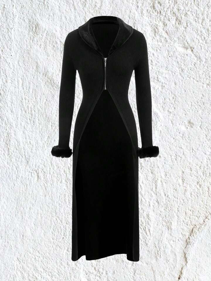 SHEIN EZwear Fuzzy Cuff Zip Up Cardigan | SHEIN