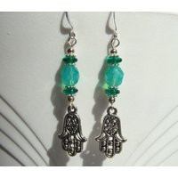 Hamsa Hand Of Fatima Teal & Green Glass Bead Dangle Earrings | Etsy (US)