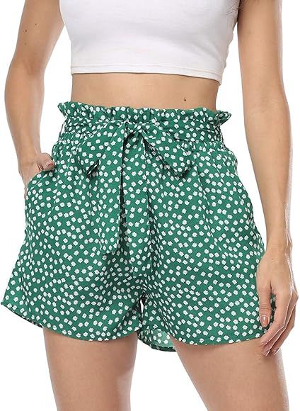 PEIQI Women's High Waisted Shorts Striped Ruffle Elastic Waist Summer Beach Short with Pockets Be... | Amazon (US)