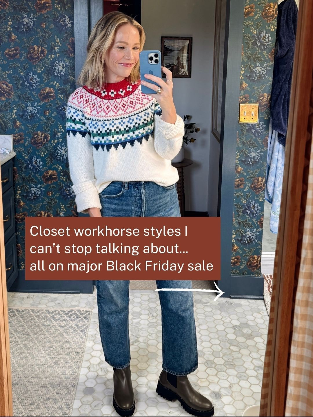 Wearing my regular size small in Tuckernuck cashmere sweater, green crewneck sweater is sold out but available in Navy & Cream ~ wearing petite length in J.Crew coat ~ Lands End jacket is regular length consider sizing up as closer fitting around the hips ~ all boots are true to size ~ crop length in Levi's jeans (5'3") consider sizing up in ribcage style ~ spanx set is true to size wearing petite length in pants ~ sized down to xs in Hill House Cosima dress ~ Beyond Yoga leggings are true to size, wearing a small ~ sized up to Medium in Kiel James Patrick fair isle sweater ~ size down one in Rothy's Clog ~ wearing my regular size small in AYR chambray snap closure ~ xo, Claire 

#LTKOver40 #LTKSaleAlert #LTKCyberWeek