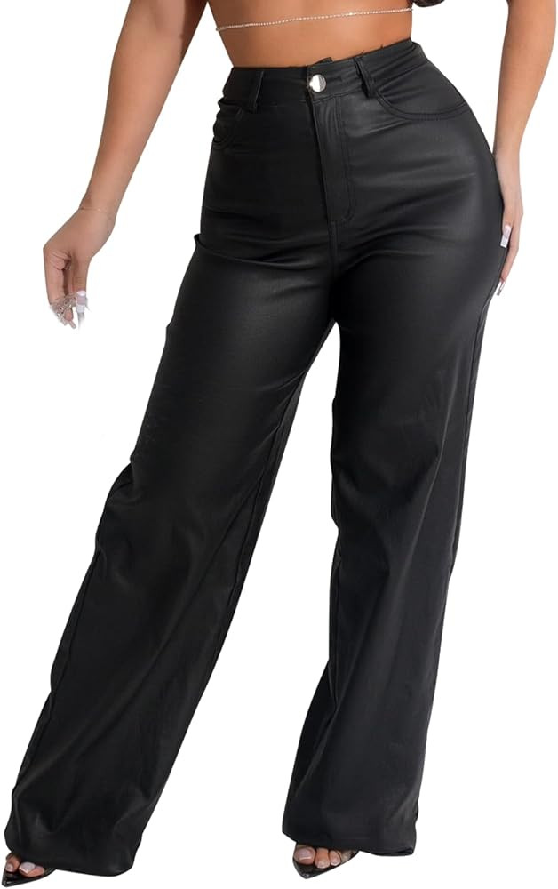 Zebaexf Women's High Waist Faux Leather Pants Straight Leg Jeans Leather Look Pants | Amazon (US)