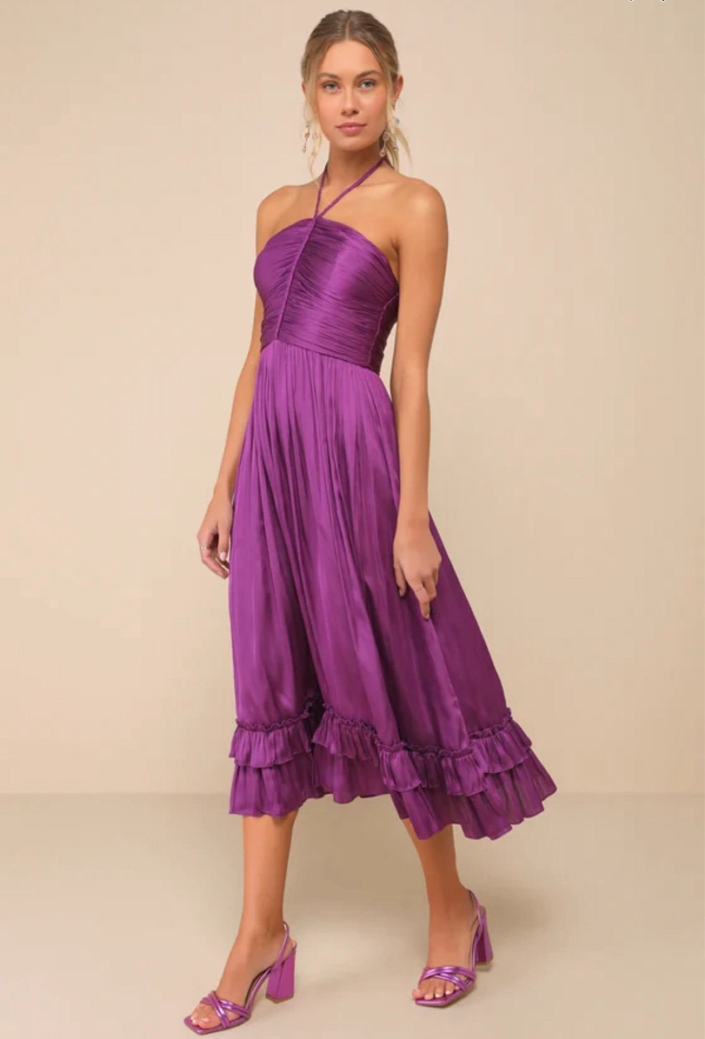 Pleasing Chicness Purple Satin Halter Tiered Midi Dress

#LTKFindsUnder100
