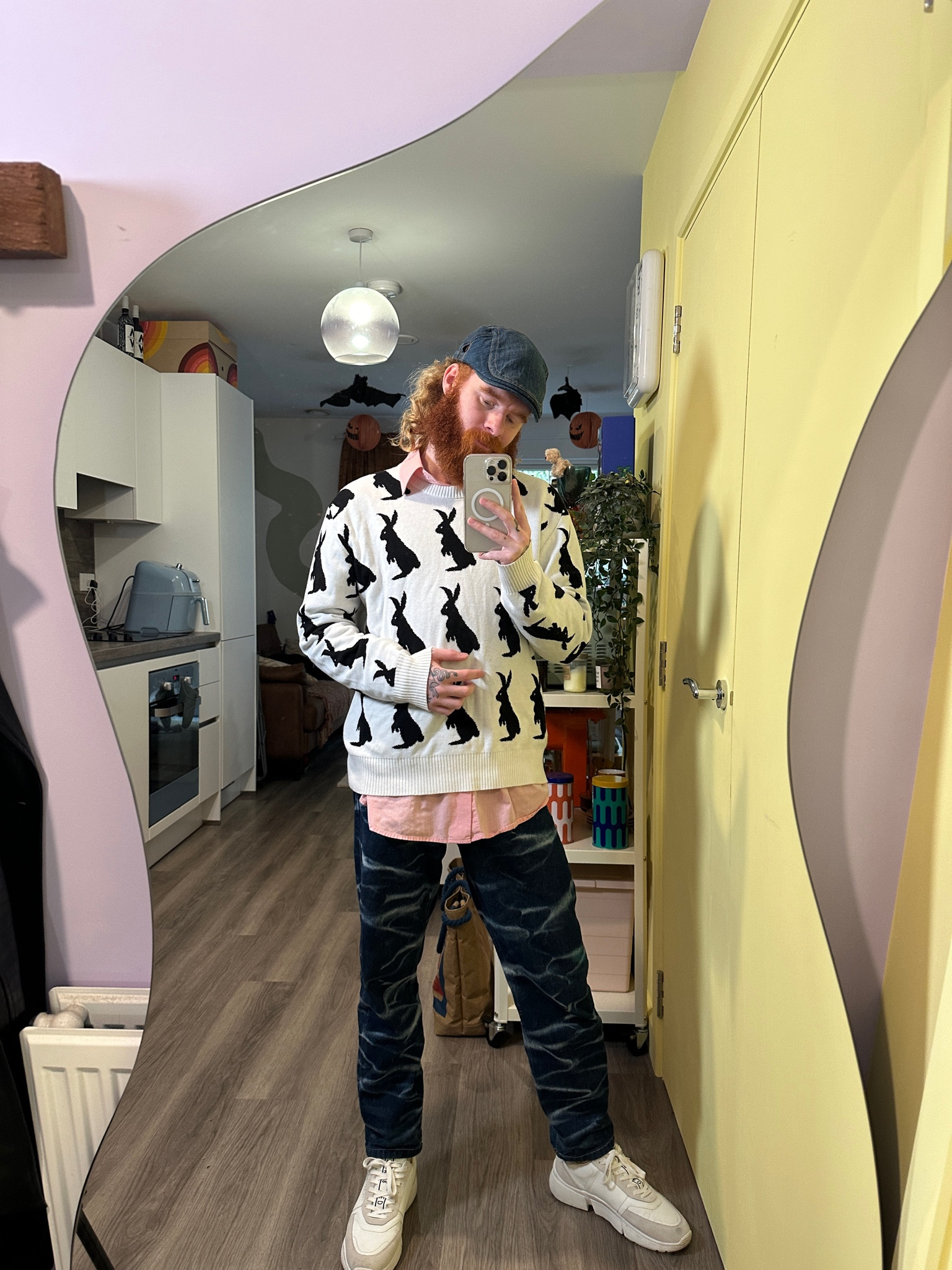 Print jumper, knitted sweater, acid wash jeans, pink shirt, denim flat cap, Benetton, asos 

#LTKSeasonal #LTKstyletip #LTKeurope