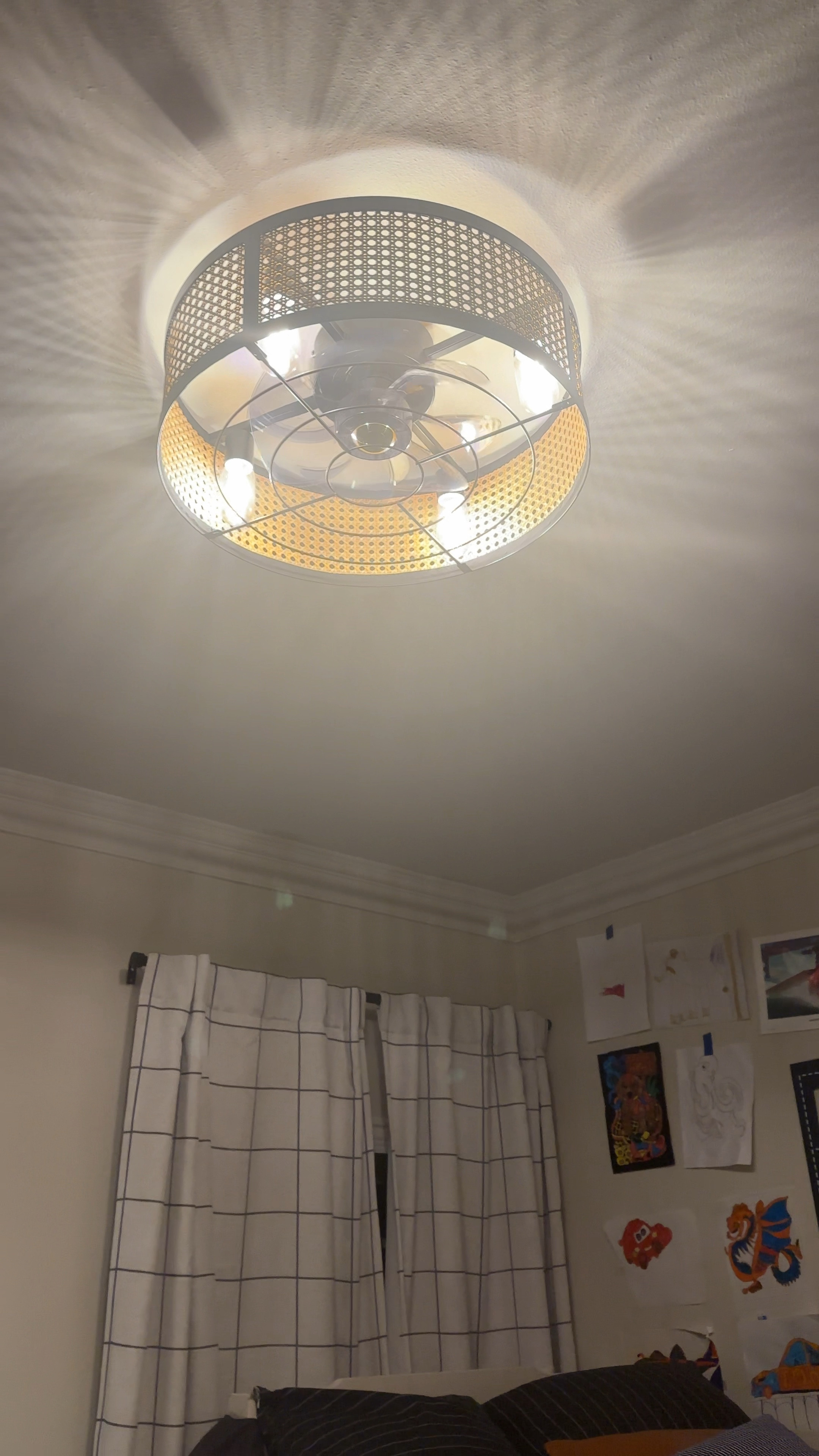 Boys room fandelier! Found the perfect solution to still having a fan in a room with a bunk bed! 

Amazon lighting fixtures, fan and chandelier, black metal & rattan boho farmhouse light, boys bedroom, bunk beds 