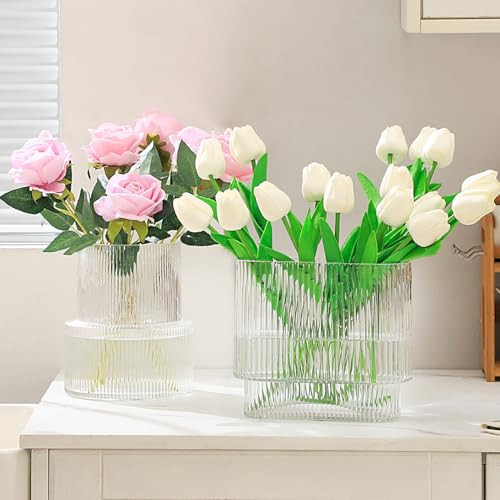 YANWE1 Ribbed Glass Vases, Set of 2 Fluted Vases for Flowers, Clear Vase for Tulips, Modern Glass Vase for Living Room, Dining Table, Office, Entryway, Mantle, Bookshelf, Wedding Gifts | Amazon (CA)