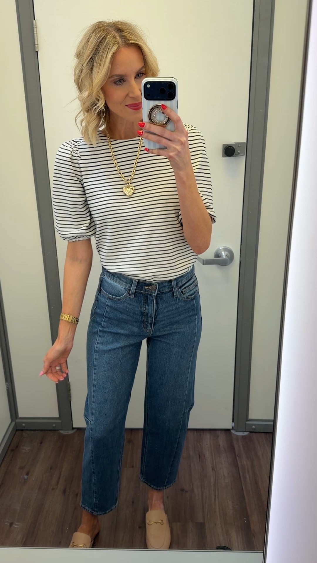 @walmart striped top and barrel leg jeans