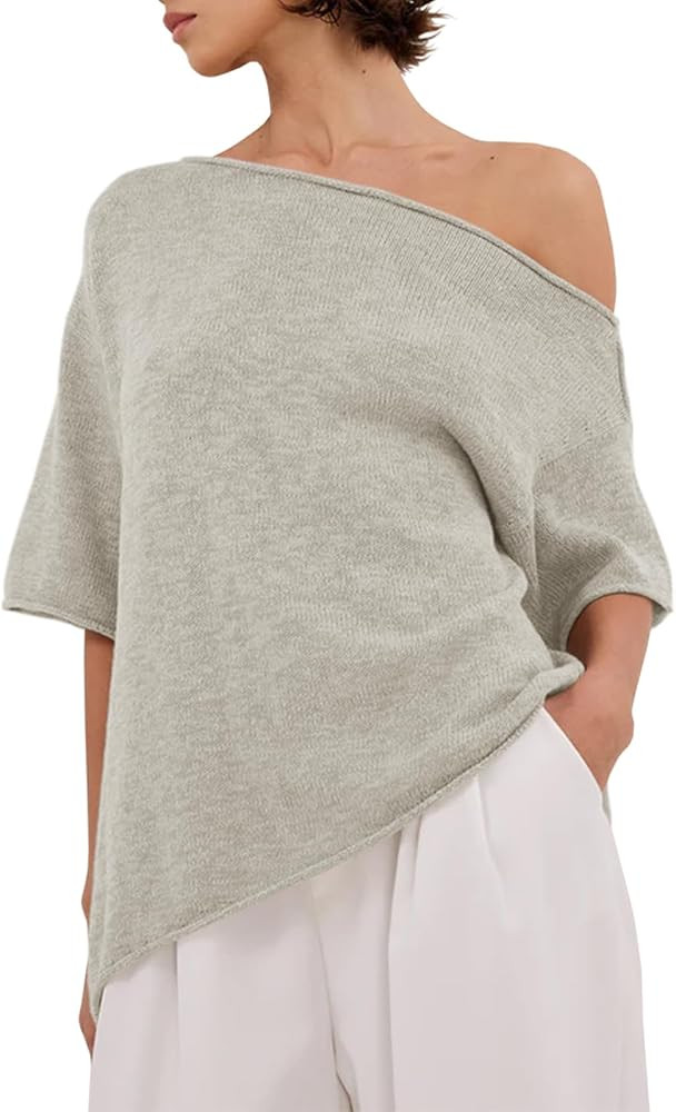 Womens Off The Shoulder Knit Tops Summer Short Sleeve Linen T Shirts | Amazon (US)