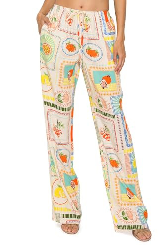 Cali1850 Women's Printed Linen Pants - 30" Inseam Drawstring Elastic Waist Casual Pull On Beach Lounge Trousers with Pockets | Amazon (US)