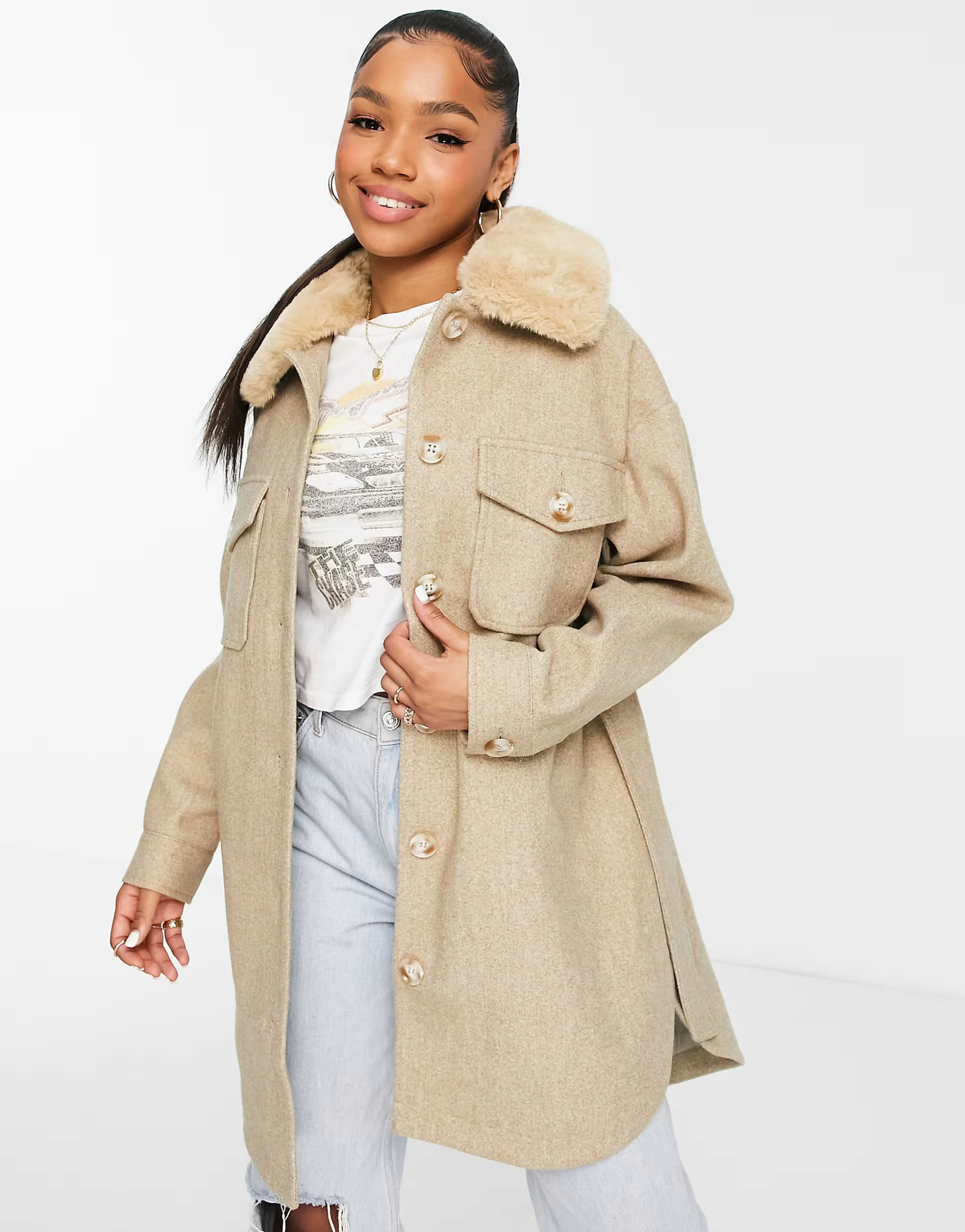 Miss Selfridge faux fur collar shacket in brown | ASOS (Global)