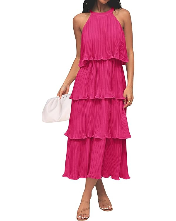 ZESICA Women's 2024 Summer Sleeveless Halter Neck Ruffle Tiered Layered Chiffon Flowy Swing Long ... | Amazon (US)